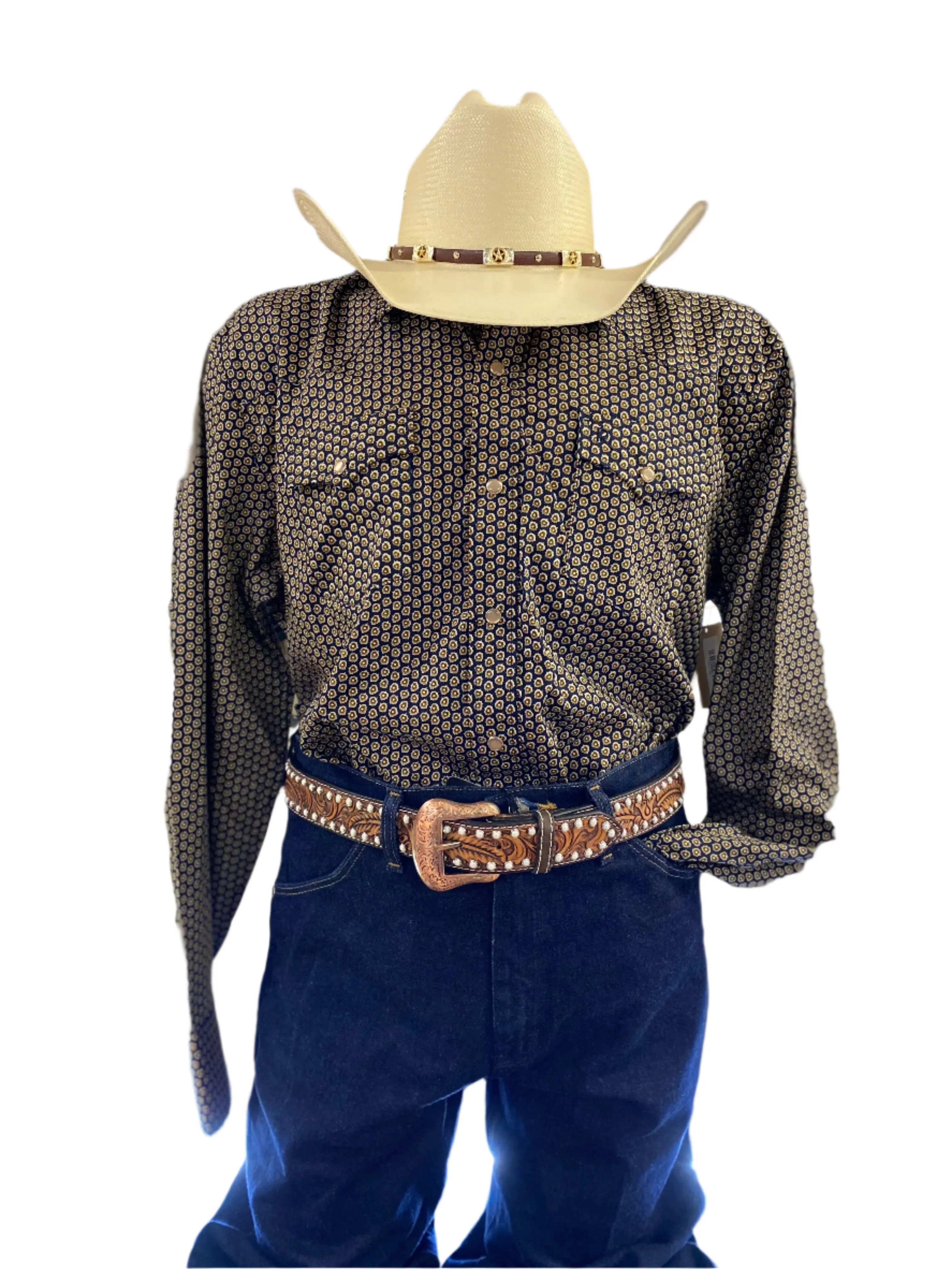Black and Gold Acorn Pattern Pearl Snap Western Shirt