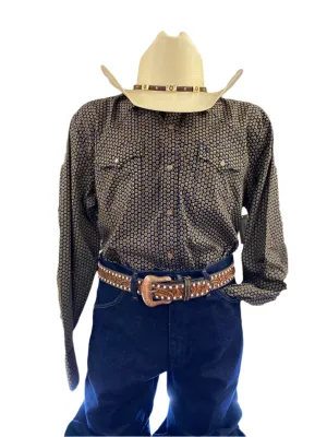 Black and Gold Acorn Pattern Pearl Snap Western Shirt