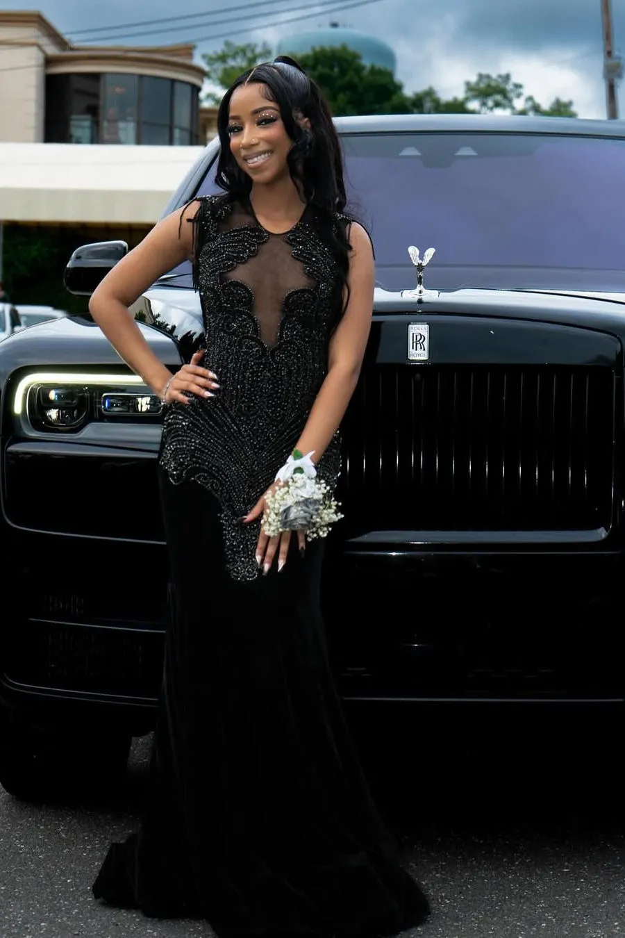 Black Beaded Sleeveless Round neck Mermaid Long Prom Dresses