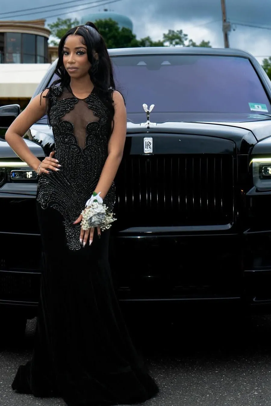 Black Beaded Sleeveless Round neck Mermaid Long Prom Dresses