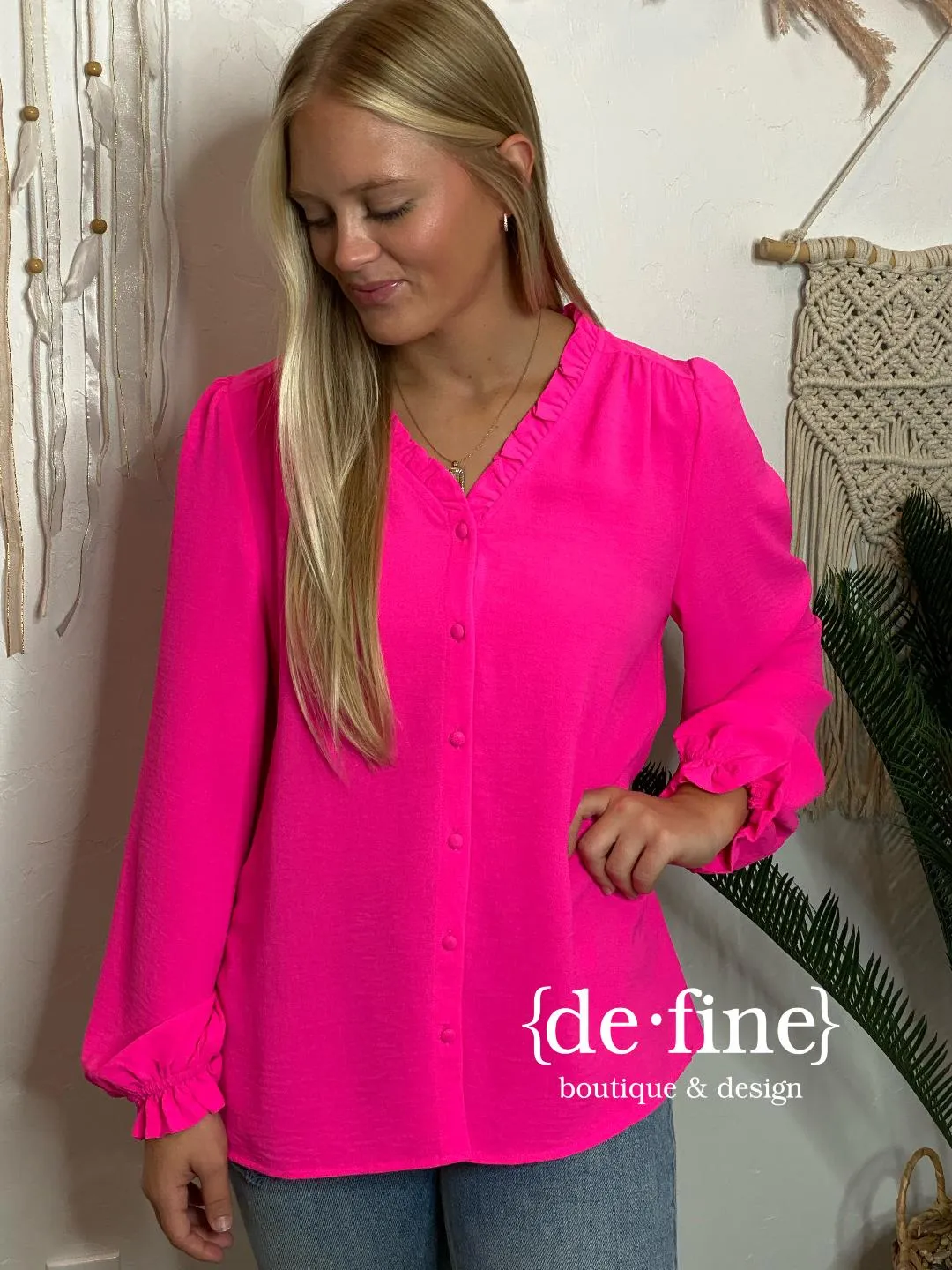 Black Button Up Blouse with Ruffle Accents Regular & Curvy