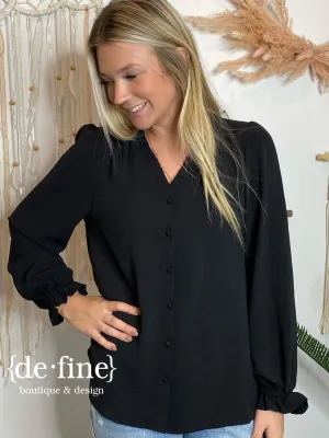 Black Button Up Blouse with Ruffle Accents Regular & Curvy