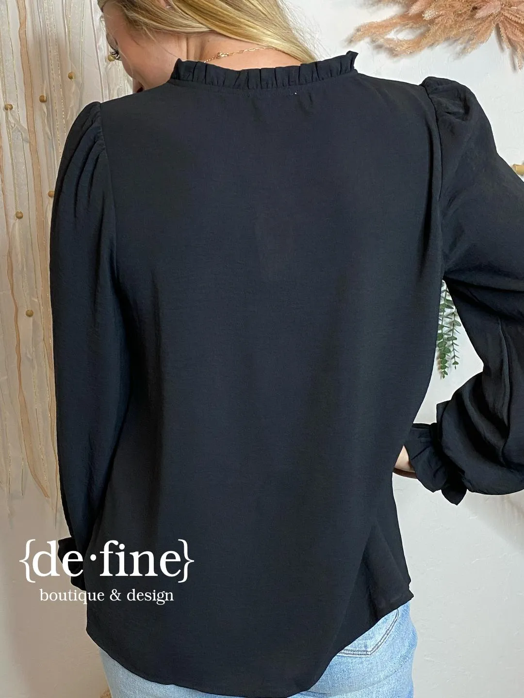 Black Button Up Blouse with Ruffle Accents Regular & Curvy