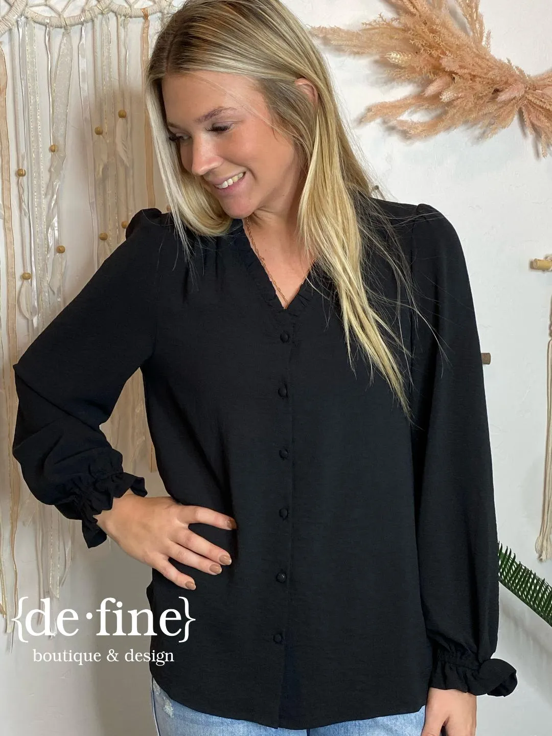 Black Button Up Blouse with Ruffle Accents Regular & Curvy