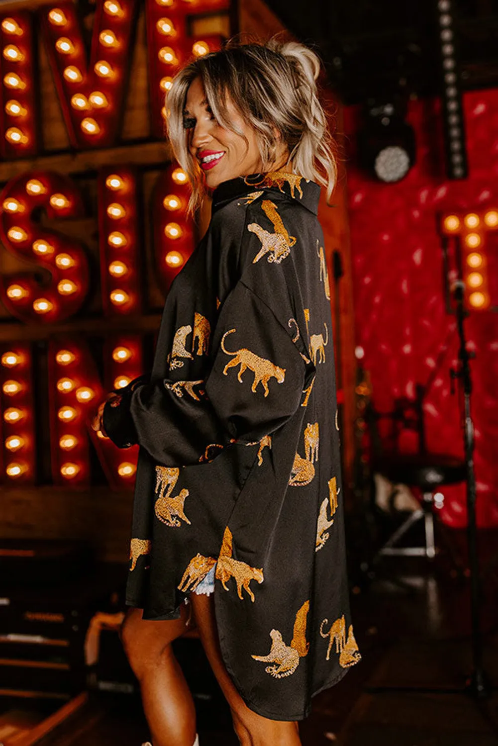 Black Cheetah Animal Print Button Up Shirt