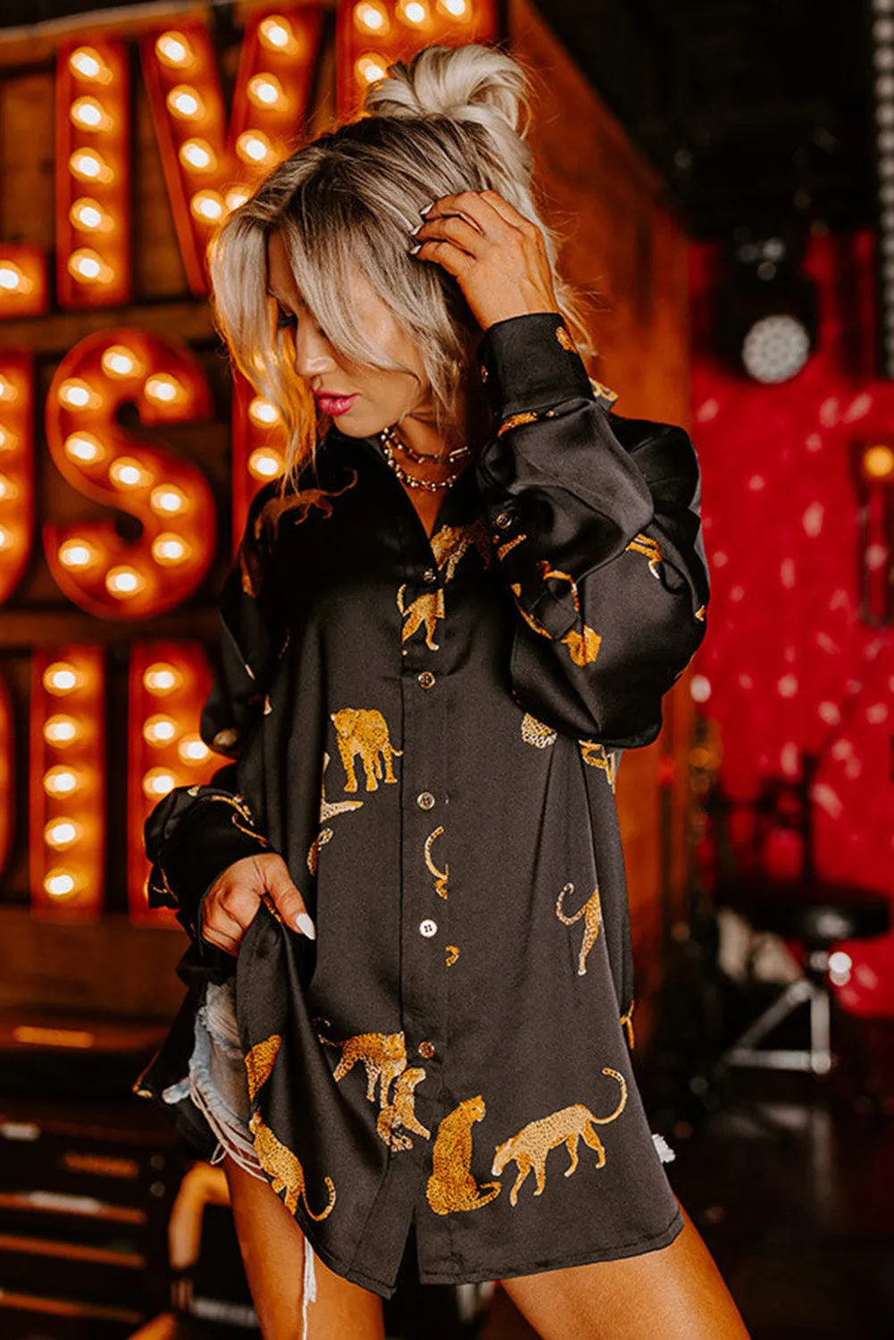 Black Cheetah Animal Print Button Up Shirt