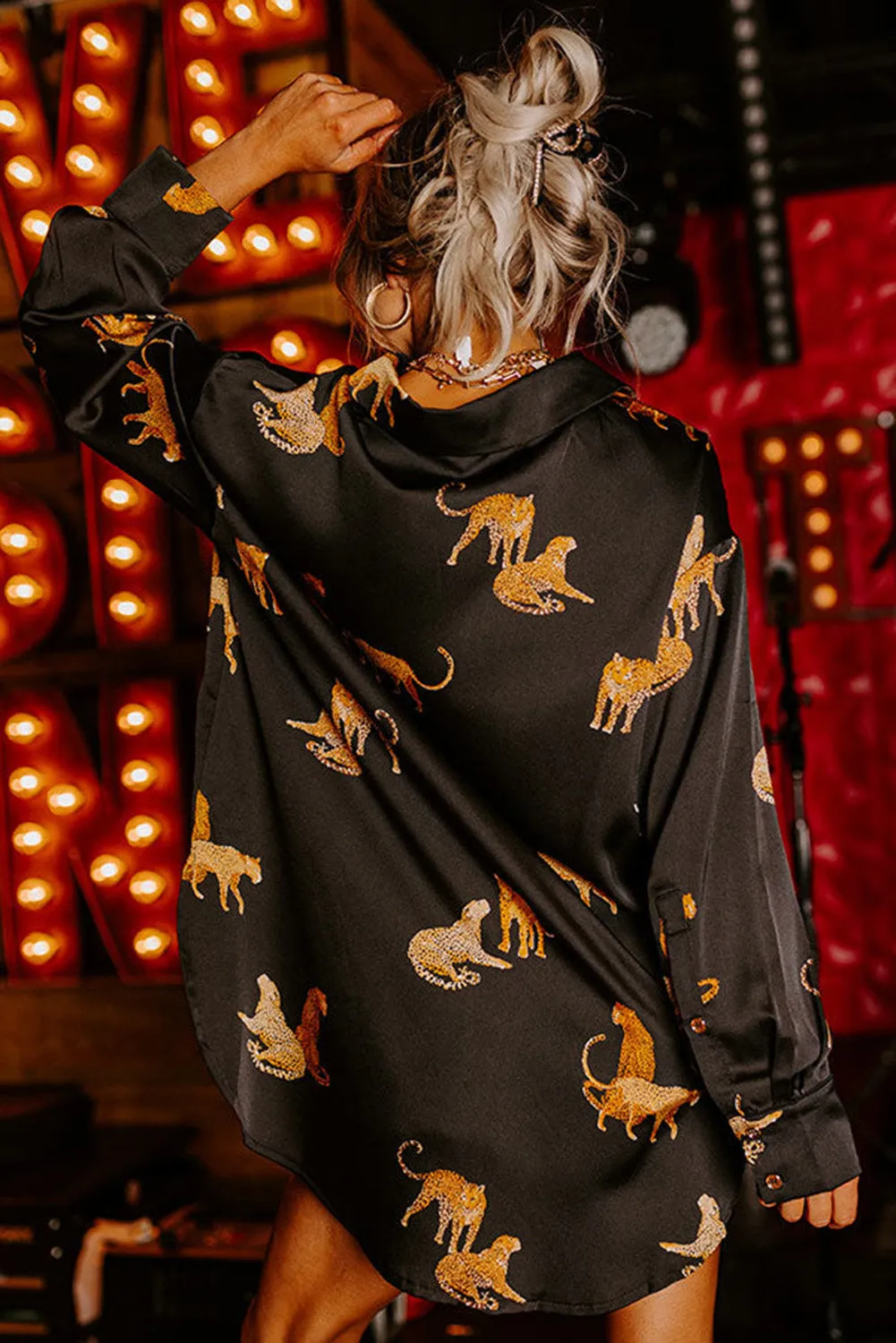 Black Cheetah Animal Print Button Up Shirt