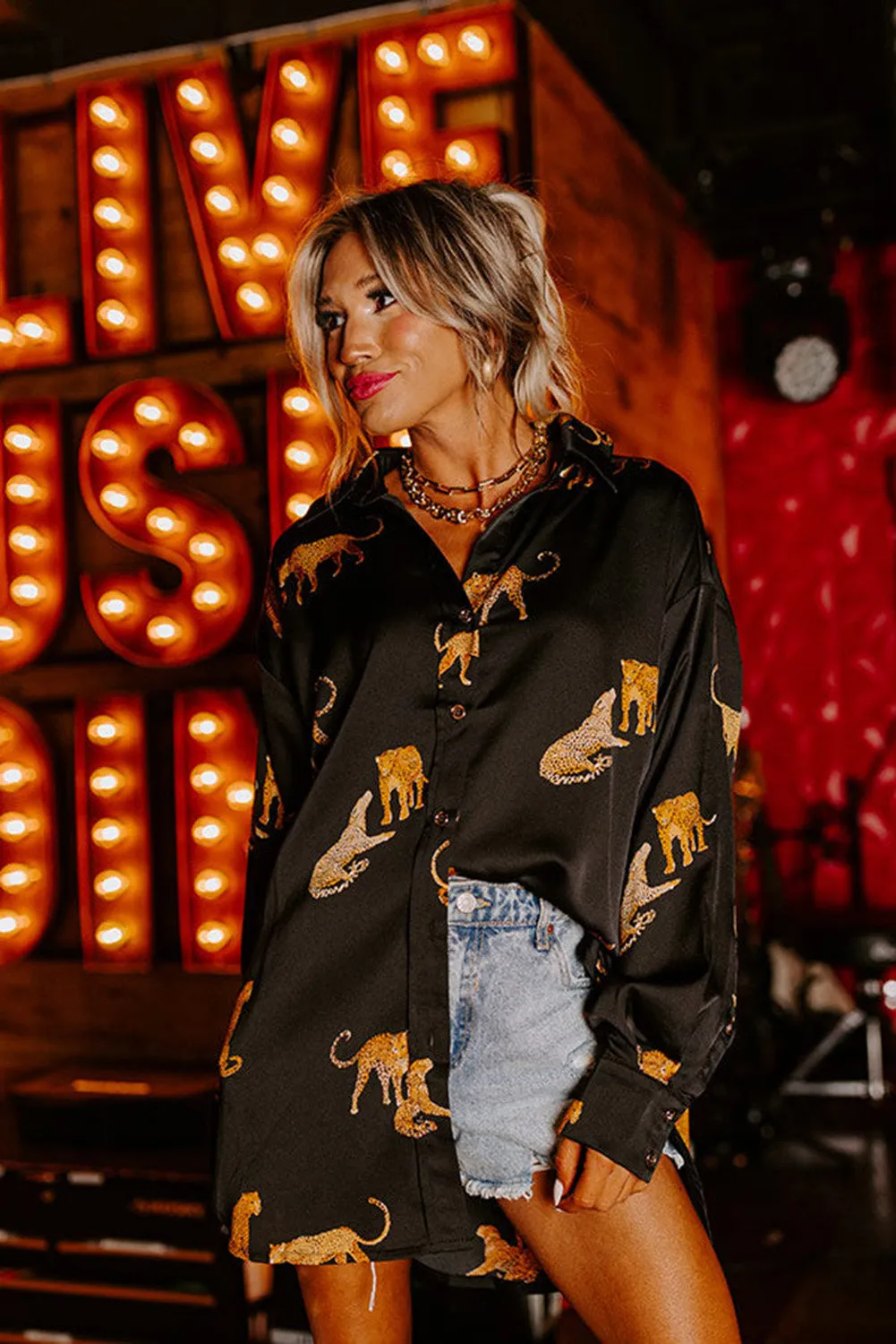 Black Cheetah Animal Print Button Up Shirt