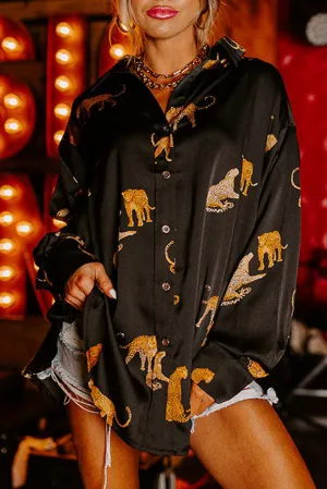 Black Cheetah Animal Print Button Up Shirt