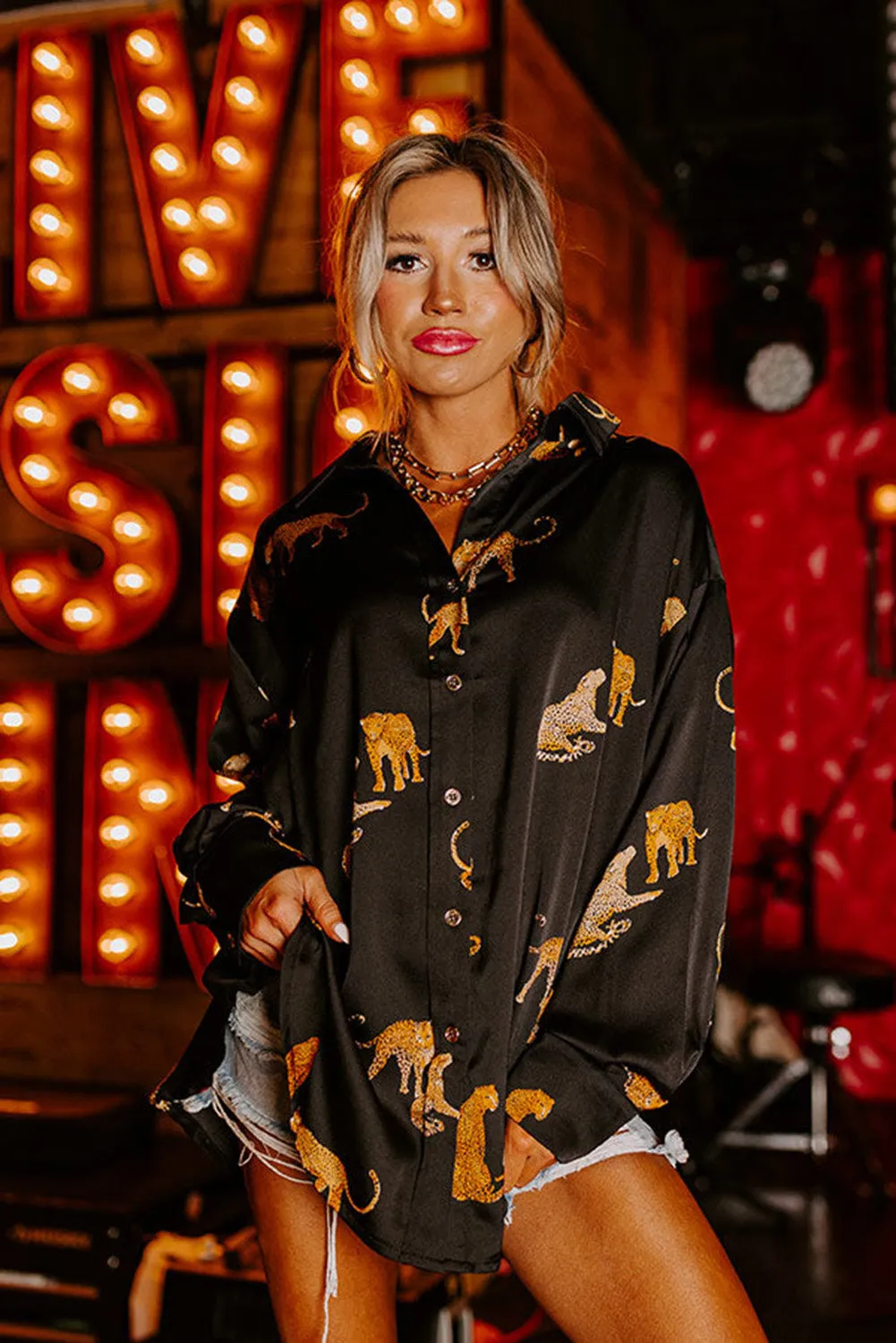 Black Cheetah Animal Print Button Up Shirt