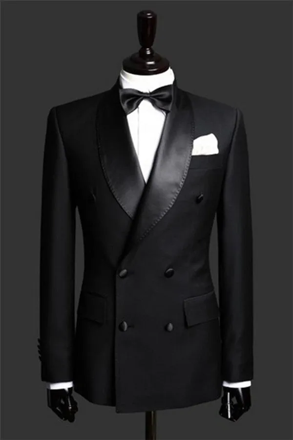 Black Double Breast Wedding Suits Tuxedos Satin Lapel Two-pieces(Jacket pants) for wedding/prom