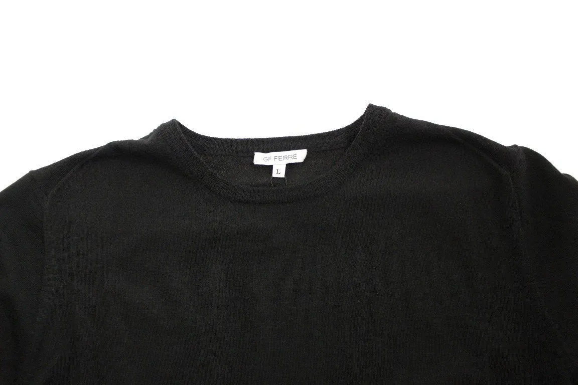 Black Knitted Wool Crewneck Pullover Sweater