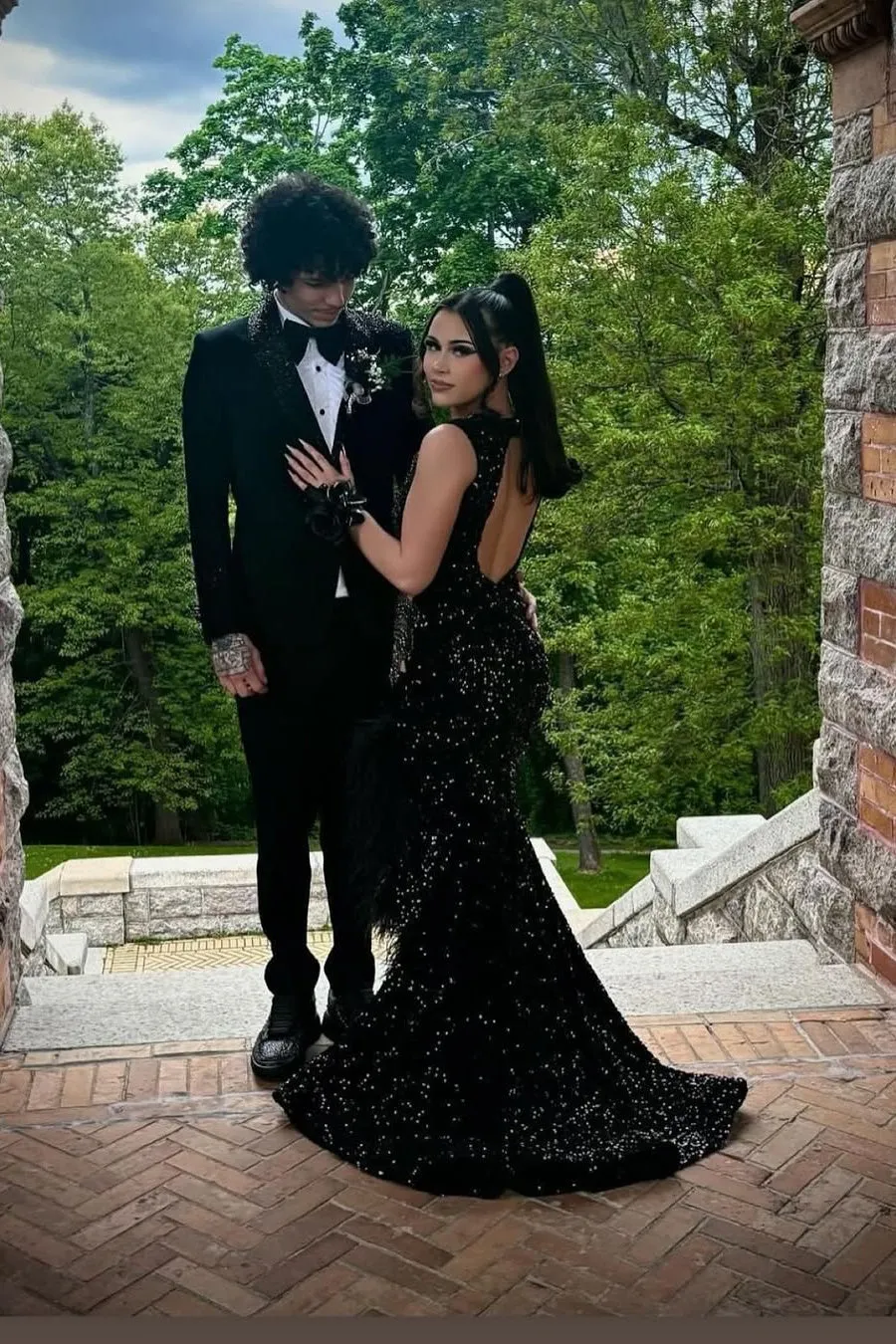 Black Open Back Sleeveless High Split Sequin Long Prom Dresses
