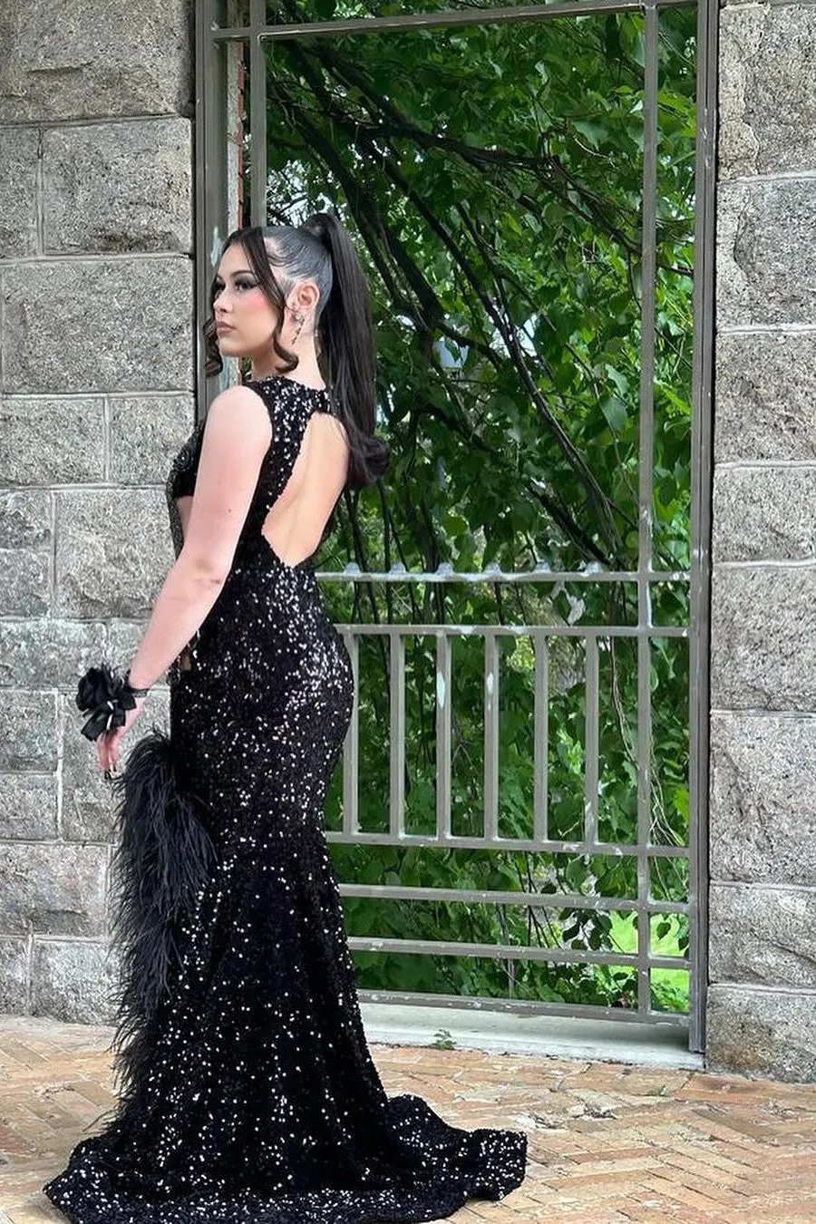 Black Open Back Sleeveless High Split Sequin Long Prom Dresses