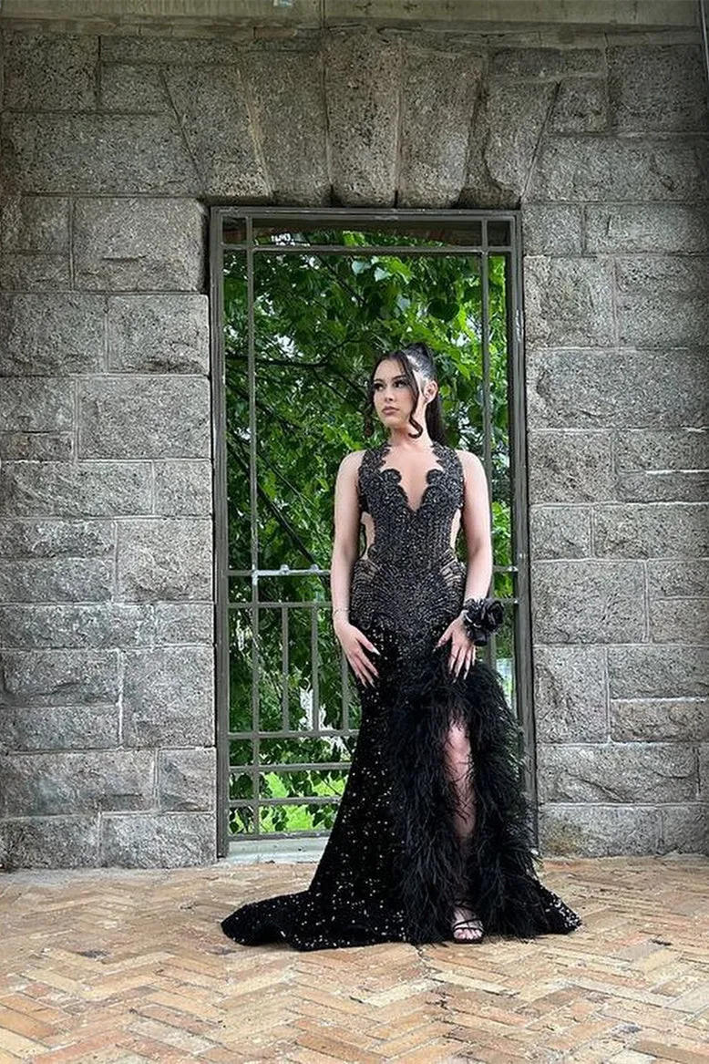 Black Open Back Sleeveless High Split Sequin Long Prom Dresses