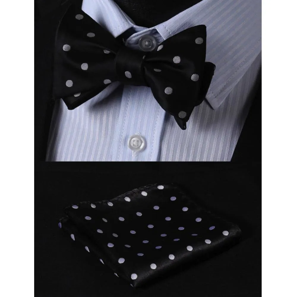 Black Polka Dot Mens Silk Self tie Bow Tie with Pocket Squares Set