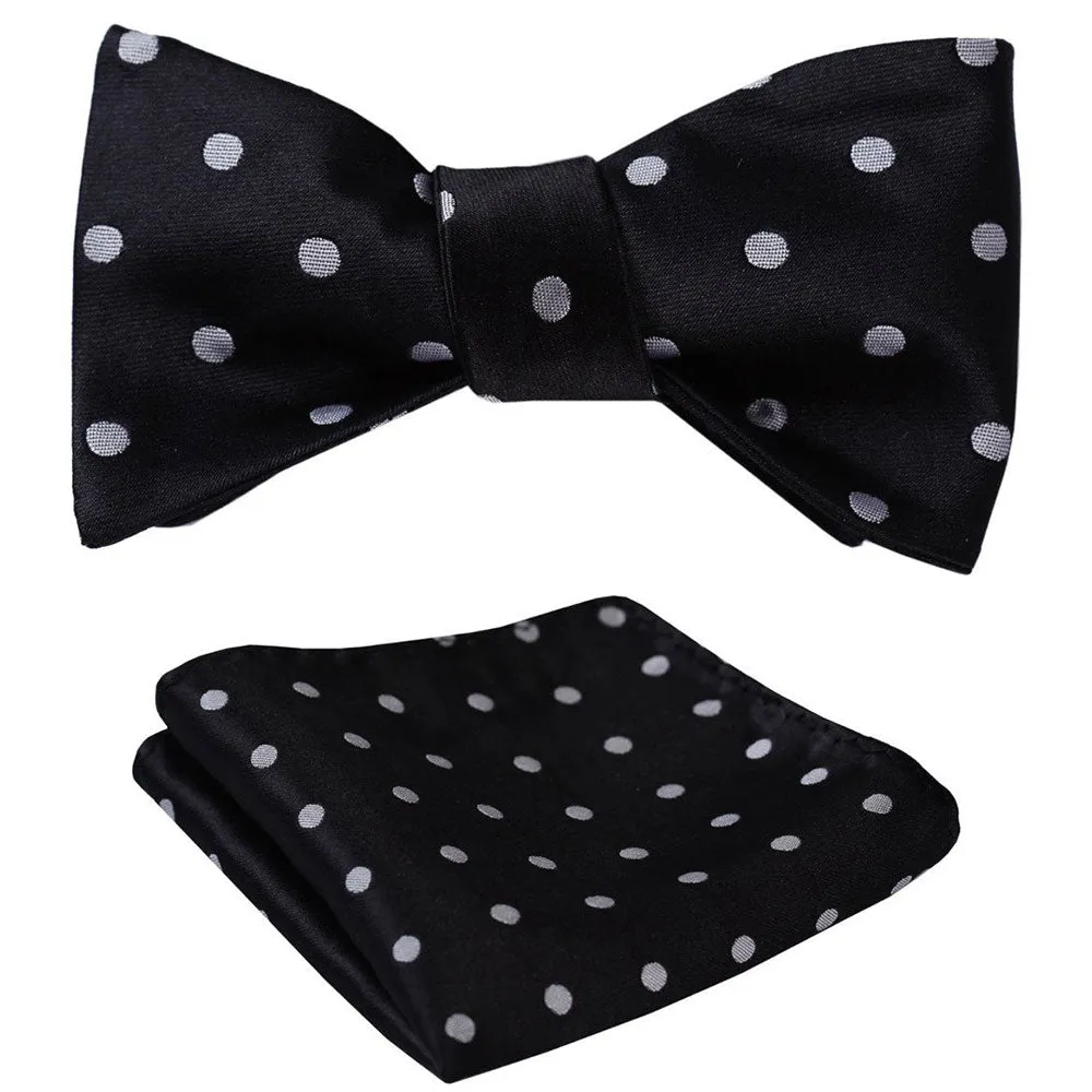 Black Polka Dot Mens Silk Self tie Bow Tie with Pocket Squares Set