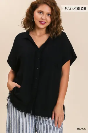 Black Short Sleeve Fringe Button Up Top