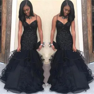 Black Sweetheart Long Tulle Mermaid Spaghetti Straps Mermaid African Prom Dresses       fg1637
