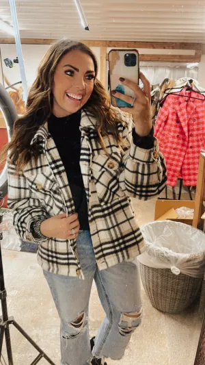 Black   White Plaid Button Up Shacket