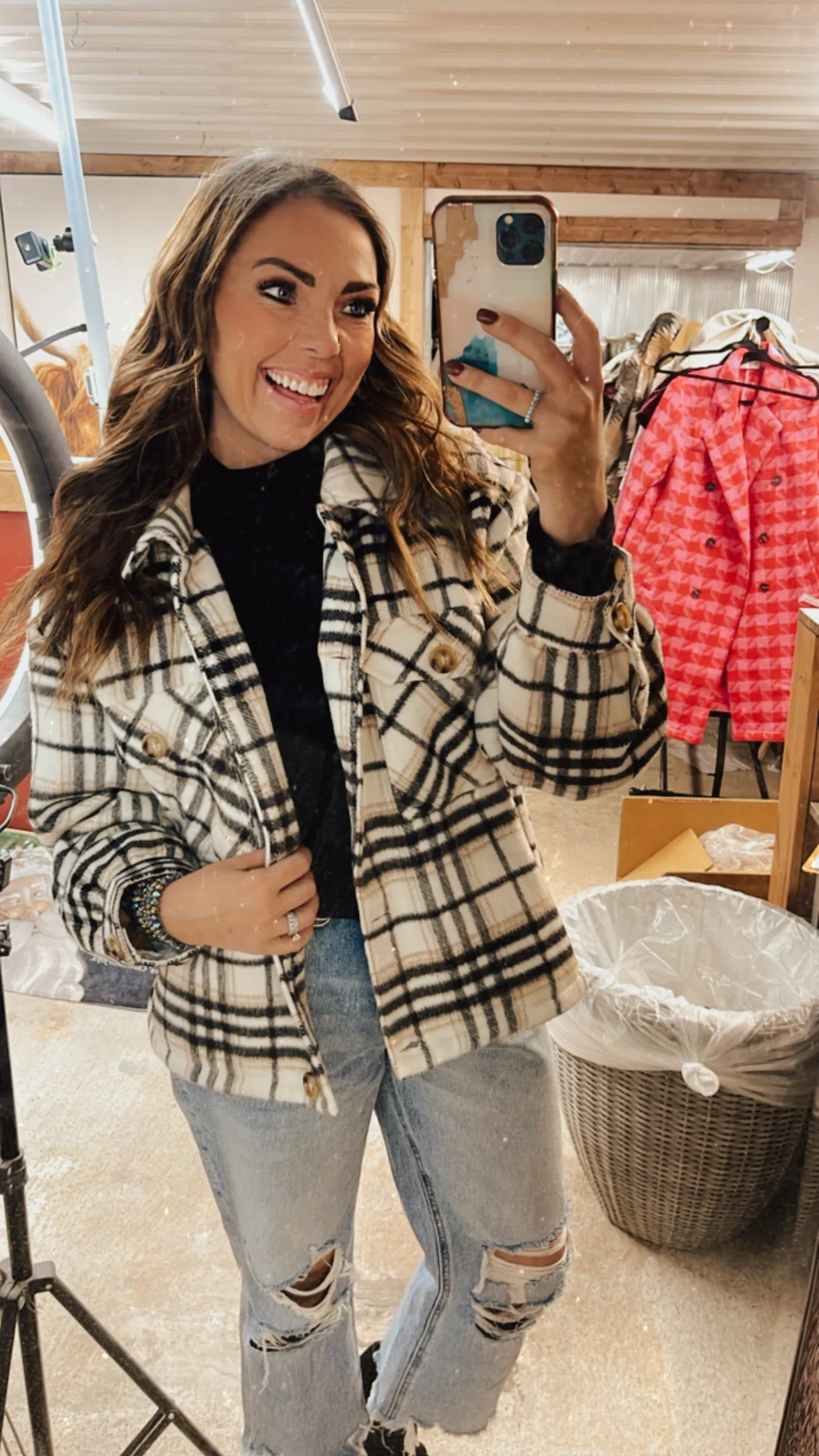 Black   White Plaid Button Up Shacket