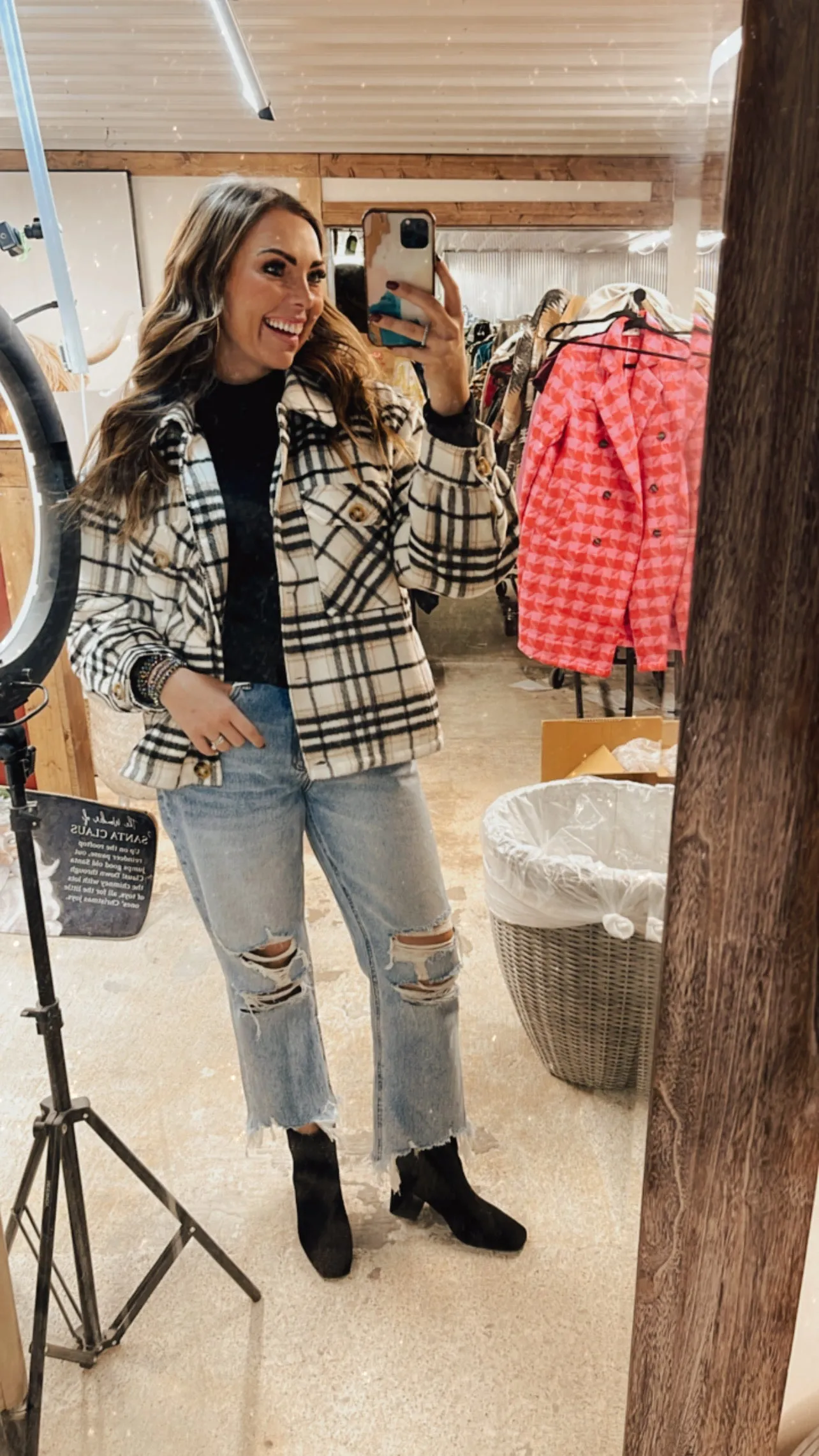 Black   White Plaid Button Up Shacket