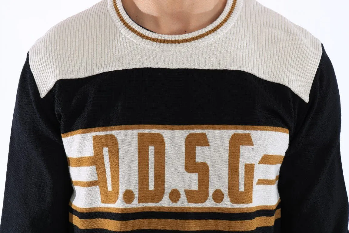 Black White Wool Crewneck Pullover Sweater