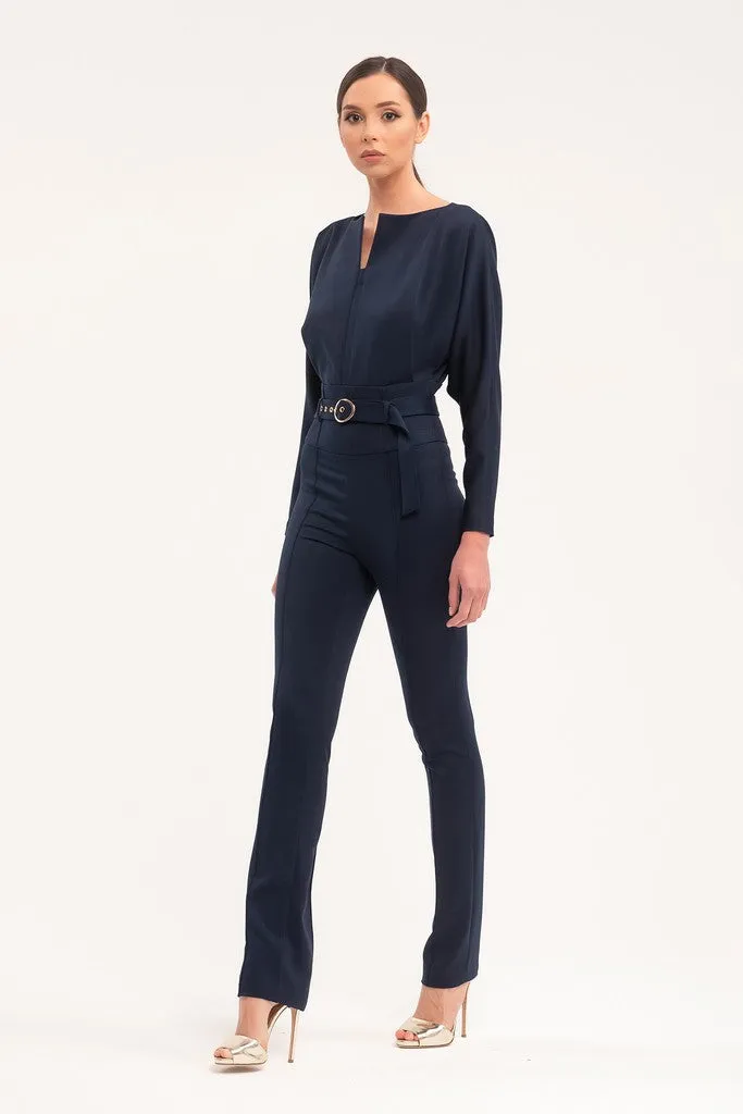 Blue Office Solid Color Long Sleeve Squareneck Jumpsuit with Belt