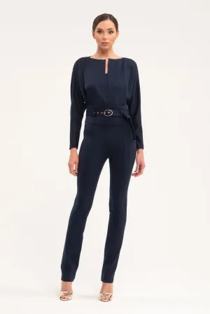 Blue Office Solid Color Long Sleeve Squareneck Jumpsuit with Belt