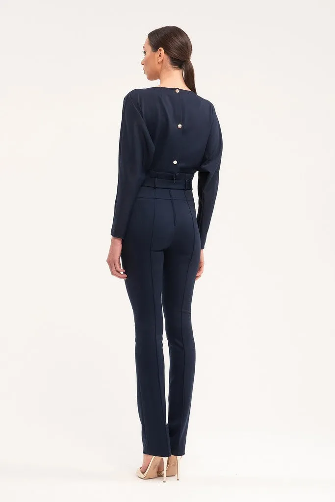 Blue Office Solid Color Long Sleeve Squareneck Jumpsuit with Belt