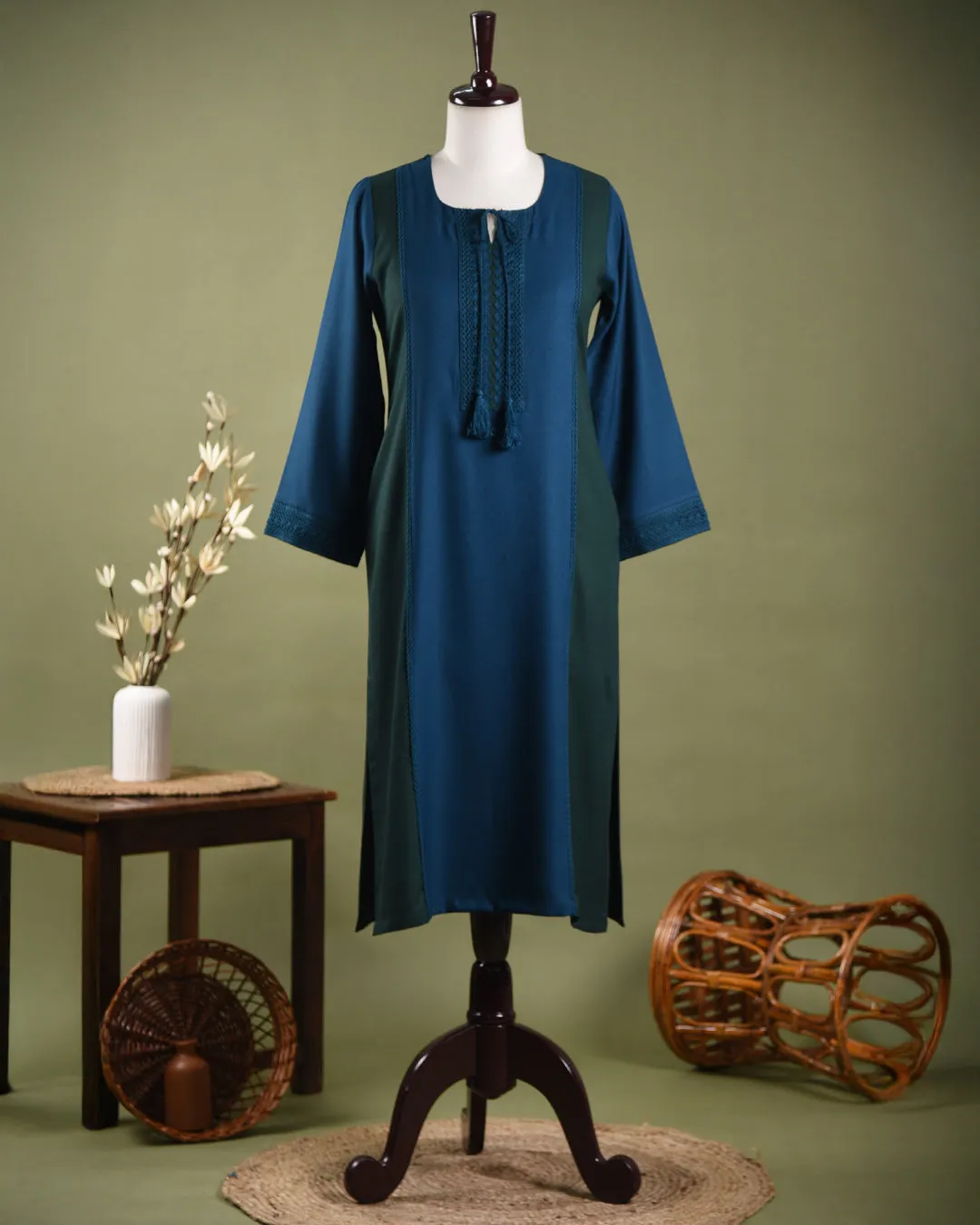 Blue With Green Winter Wear Wool Spun Blend Ready To Wear Kurta With Pant