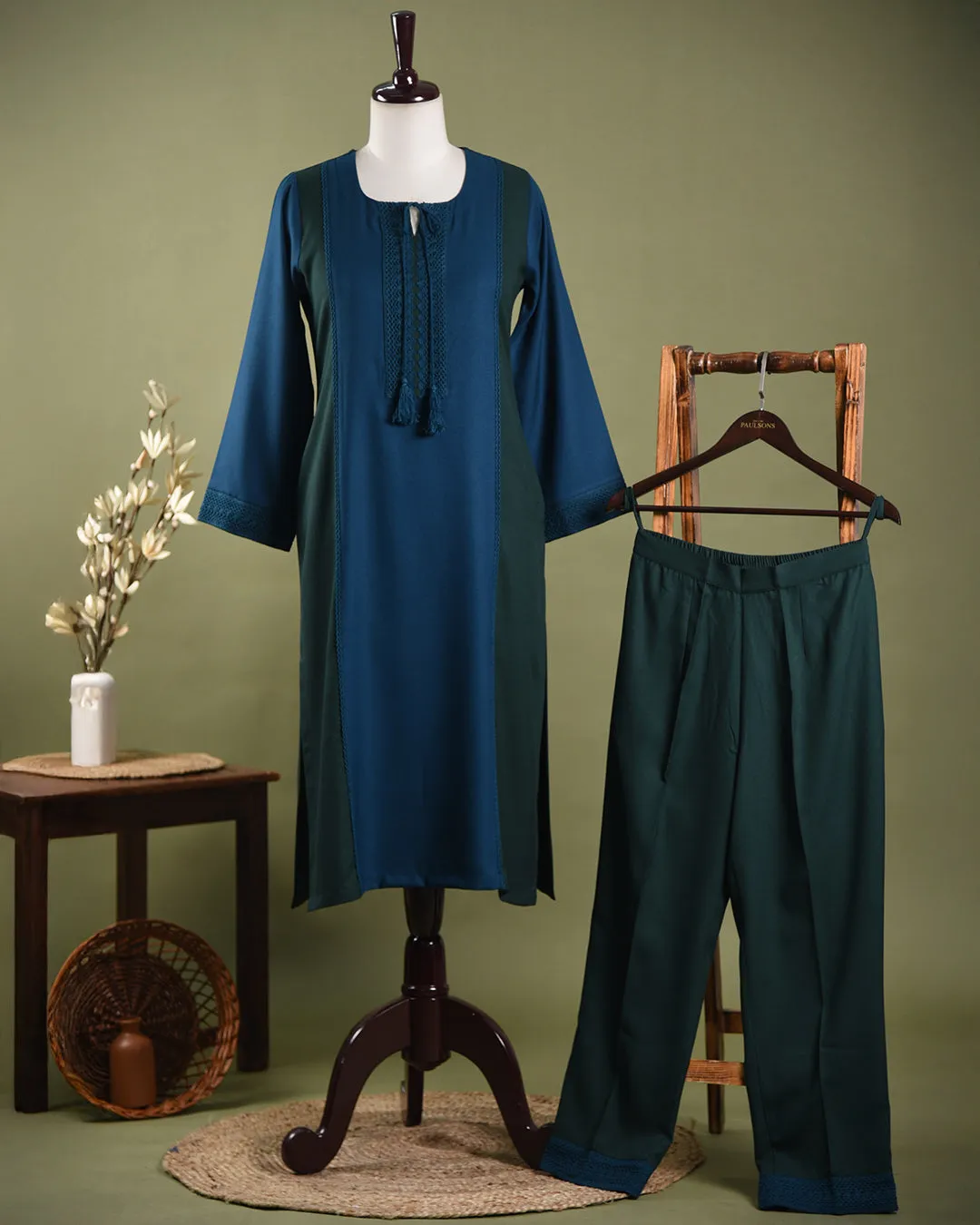 Blue With Green Winter Wear Wool Spun Blend Ready To Wear Kurta With Pant