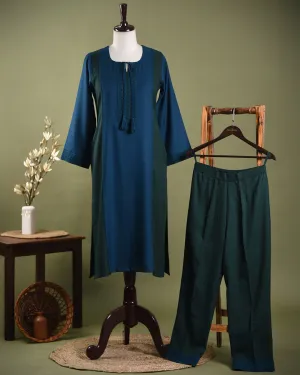 Blue With Green Winter Wear Wool Spun Blend Ready To Wear Kurta With Pant