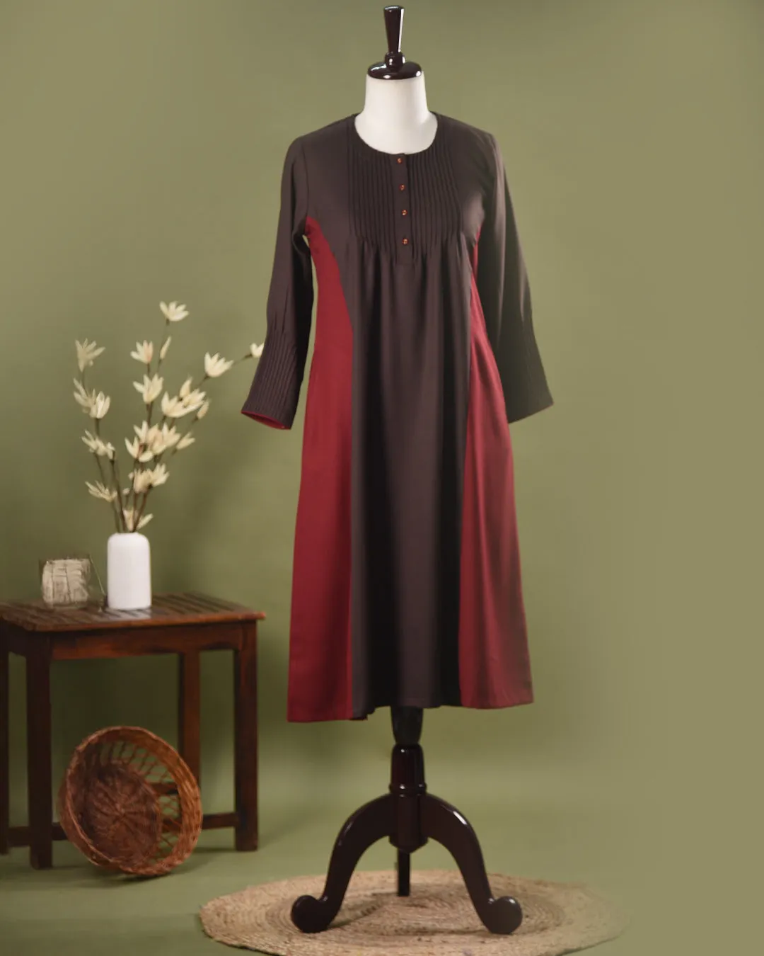 Brown With Maroon Winter Wear Wool Spun Blend A - Line Embroidered Ready To Wear Kurta With Pant