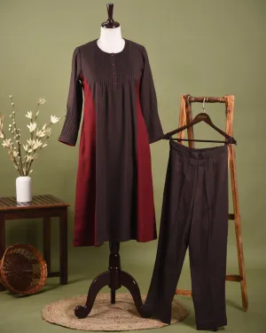 Brown With Maroon Winter Wear Wool Spun Blend A - Line Embroidered Ready To Wear Kurta With Pant