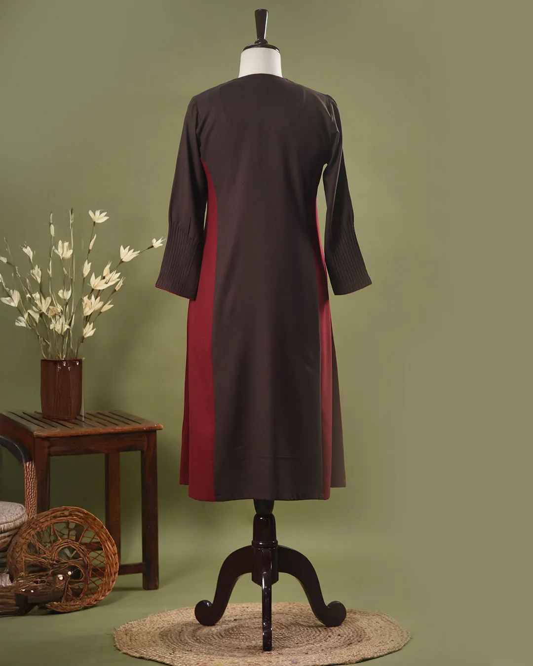 Brown With Maroon Winter Wear Wool Spun Blend A - Line Embroidered Ready To Wear Kurta With Pant