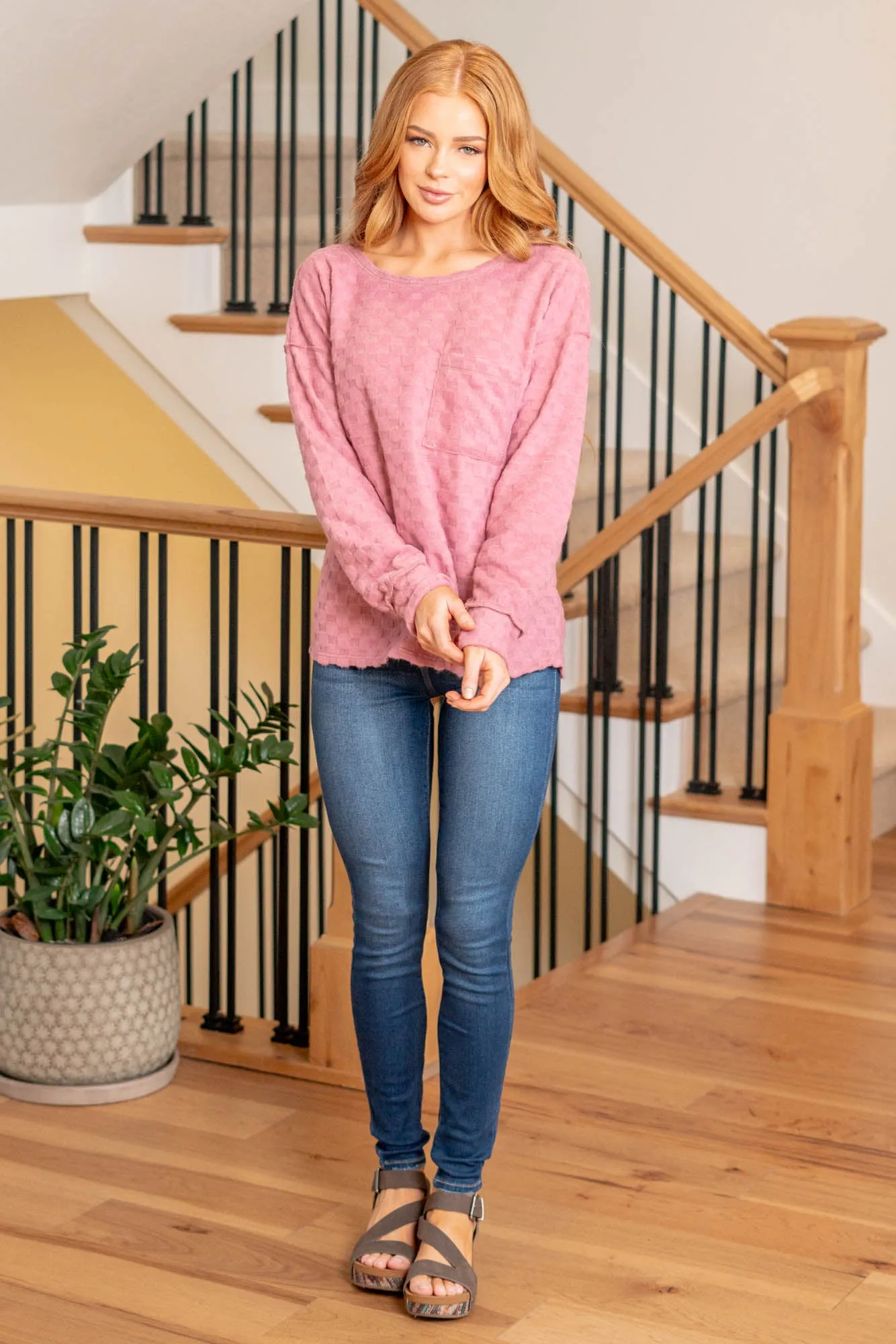 Brushed Checkered Pocket Top - Mauve