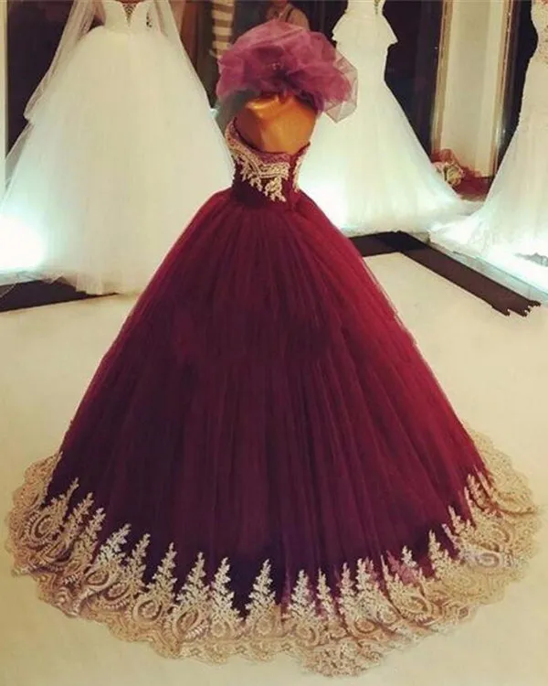 Burgundy Quinceanera Dresses with Gold Appliques Strapless Tulle Ball Gown Sweet 16 Dress Sexy