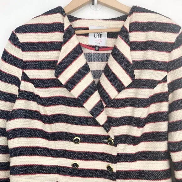 Cabi 5094 Navy Red Cream Nautical Stripe Double Breasted Cruise Blazer Jacket