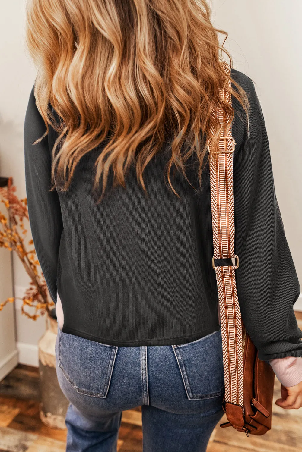 Carbon Grey Textured Contrast Stitching Long Sleeve Top