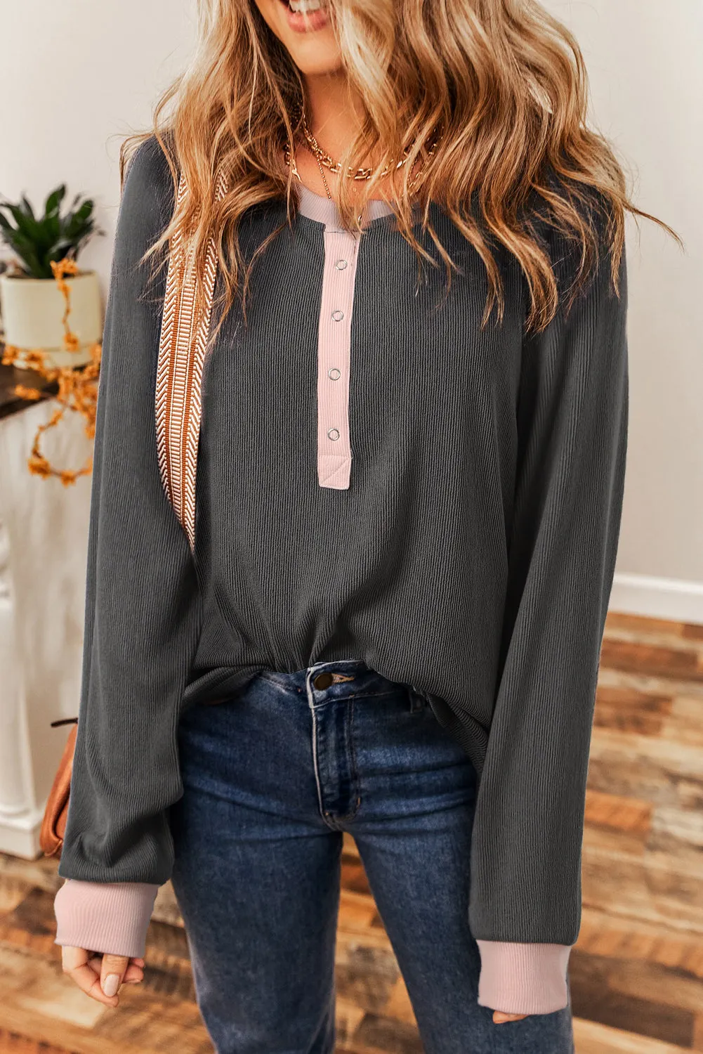 Carbon Grey Textured Contrast Stitching Long Sleeve Top