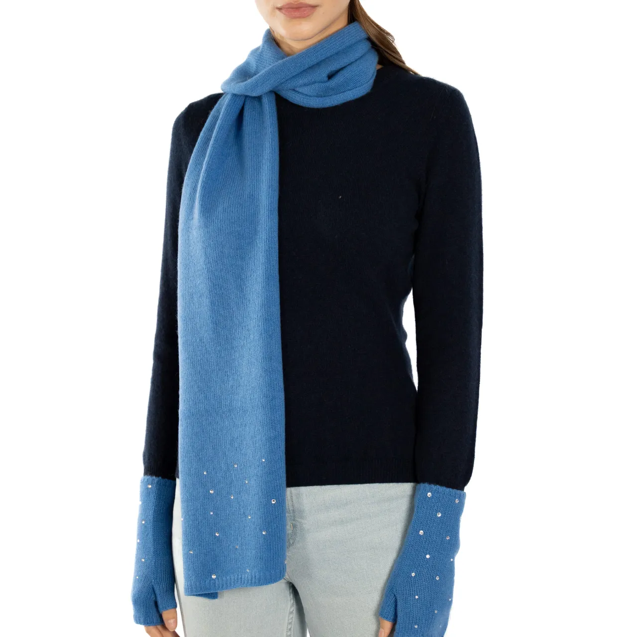 Cashmere Long Scarf w. Swarovski Scattered Crystal Edges - Cobalt Blue