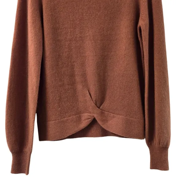 Catherine Malandrino Cashmere Sweater Puff Sleeve Twist Front Chestnut Brown M