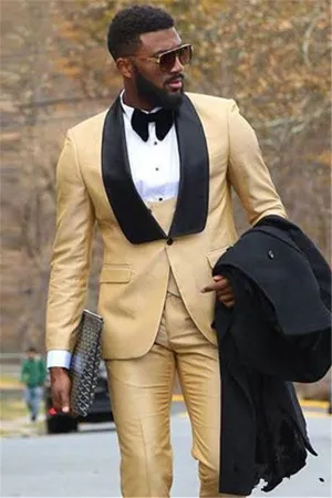 Champagne Three Piece Formal Business Men Suit with Black Lapel