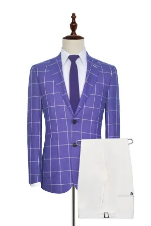 Check Pattern Patch Pocket Purple Mens Suits Notch Lapel Formal Suits for Men