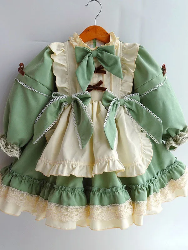 Children's Sweet Lolita Dress Green Ruffles Polyester Long Sleeve Kids One Piece Dress