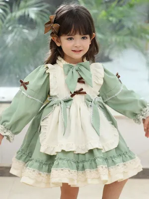 Children's Sweet Lolita Dress Green Ruffles Polyester Long Sleeve Kids One Piece Dress