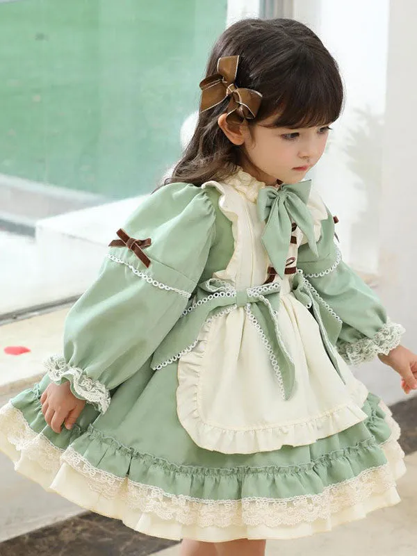 Children's Sweet Lolita Dress Green Ruffles Polyester Long Sleeve Kids One Piece Dress