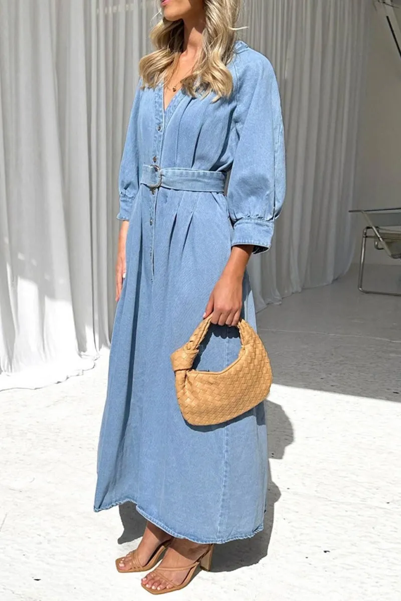 Chouyatou Women's Boho V-Neck Button Down Swing Maxi Denim Dress 3/4 Sleeve Casual Belted Long Jean Dress
