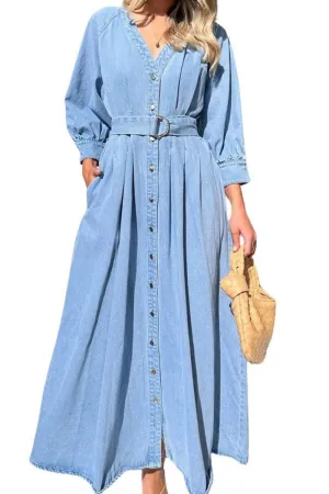 Chouyatou Women's Boho V-Neck Button Down Swing Maxi Denim Dress 3/4 Sleeve Casual Belted Long Jean Dress